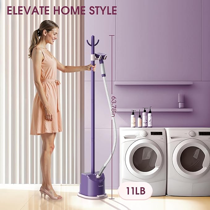 Newbealer Standing Garment Steamer - 1500W Full-Size Vertical Clothes Steamer with Foot Pedal, 57.5oz (1.7L) Large Water Tank, 45s Fast Heat-Up, 50-Min Powerful Steaming, Auto-Off (Purple)