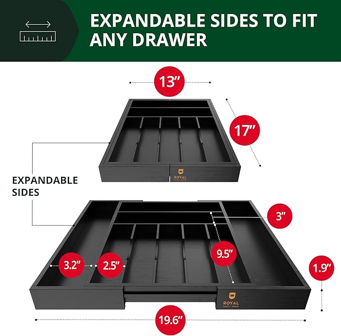 ROYAL CRAFT WOOD Luxury Bamboo Kitchen Drawer Organizer - Silverware Organizer - Utensil Holder and Cutlery Tray with Grooved Drawer Dividers for Flatware and Kitchen Utensils (9 Slot, Black)