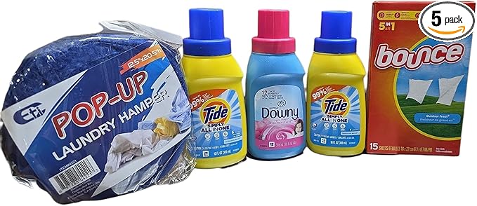 Dorm Room loundry kit, 12 Loads of Laundry Detergent, Fabric Softener, Dryer Sheets & Bonus Hamper