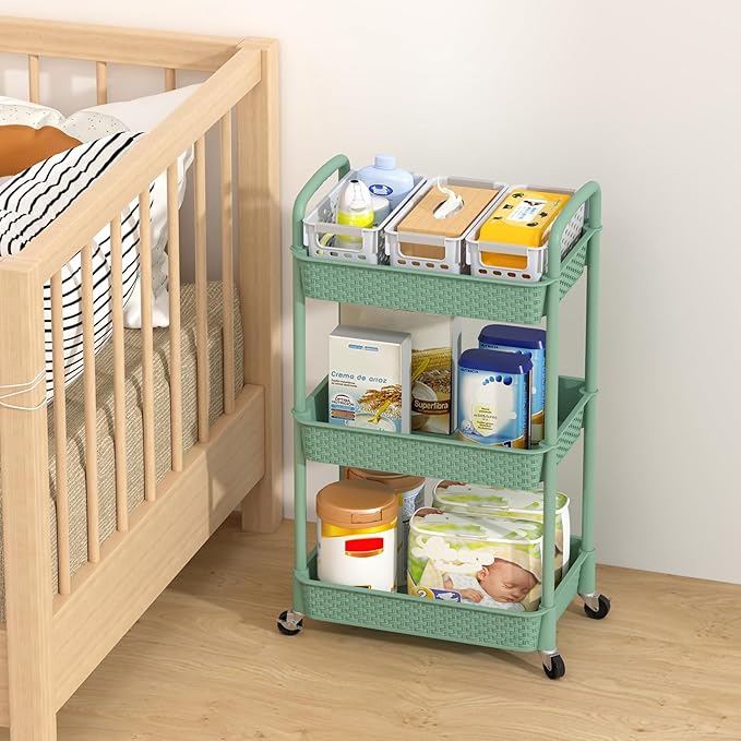 MOYIPIN 3-Tier Plastic Rolling Utility Cart with Handle,Utility Storage Cart for Office, Living Room, Kitchen,Movable Storage Organizer Shelves,Green