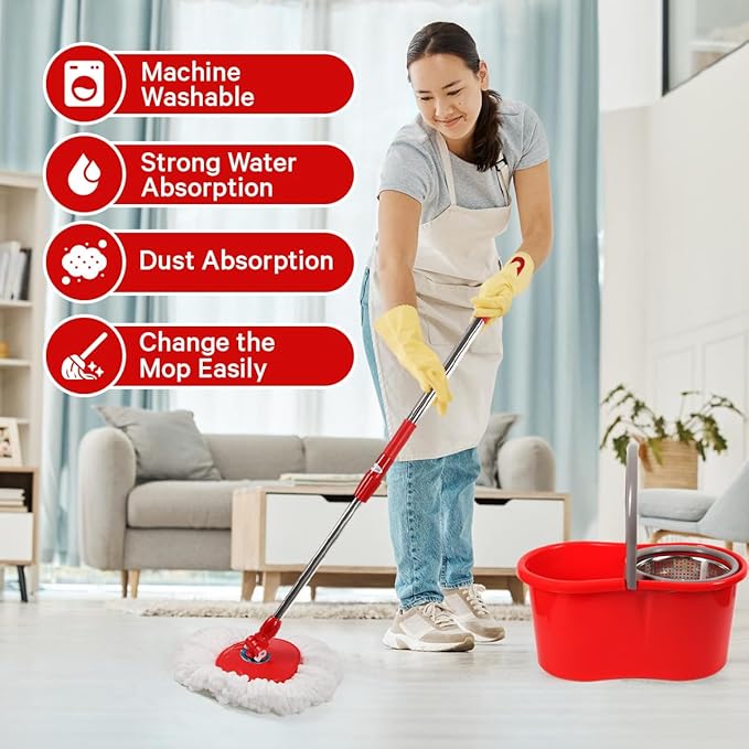 Spin Mop and Bucket with Wringer Set, 360° Spinning Mop and Bucket System with Double Cotton Tip Replacement Heads and Stainless Steel Adjustable Handle for Floor Cleaning (20QT)
