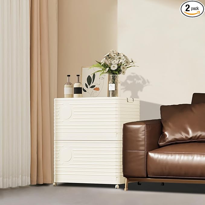 Plastic folding Storage Bins with Lids,Stackable Storage Bins for Clothes,Storage Container,Room Organizer, for Living Room,Bedroom,Office, Kitchen,Bathroom,cream white,2pack