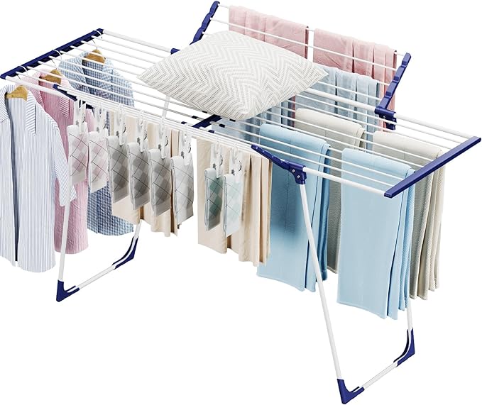 APEXCHASER Clothes Drying Rack, Foldable Gullwing Laundry Rack for Indoor Outdoor, 10pcs Clips with Bag, Collapsible Space-Saving Drying Rack for Clothes Towels Dolls, White