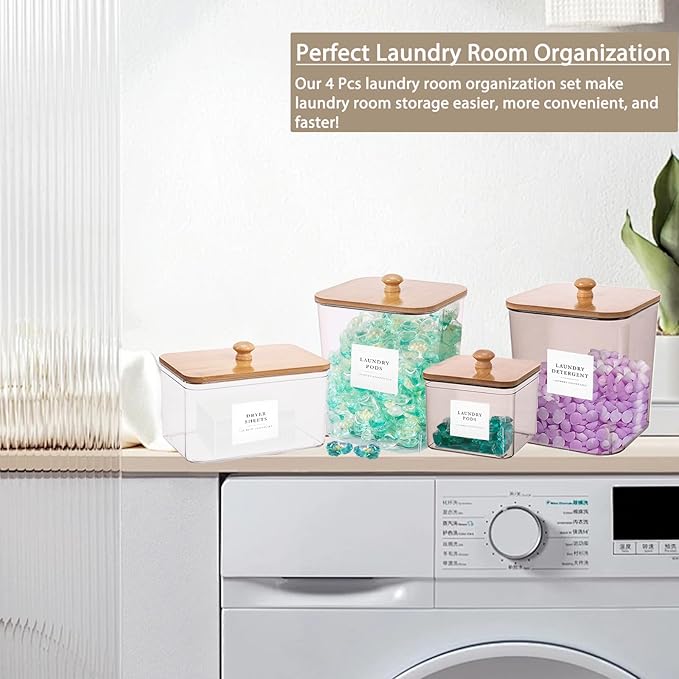 4 Pack Laundry Pods Container,Clear Dryer Sheet Holder & Laundry Room Organization and Storage with Lids, Scoops & Labels for Laundry Detergent, Powder, Dryer Balls, Beads (Mix Colors)