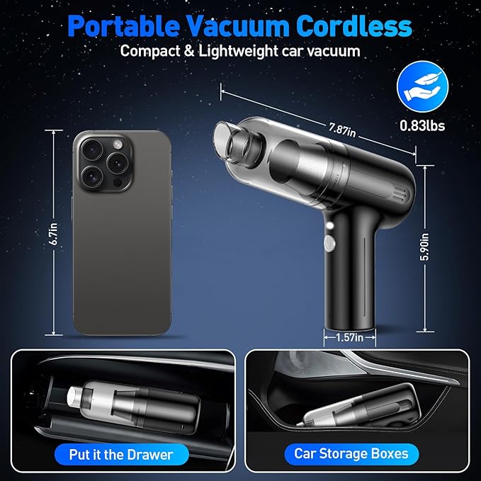 Handheld Car Vacuum Cleaner, 9000Pa Hand Held Vacuum Portable Cordless，2 in 1 Air Duster and Mini Vacuum Cleaner with LED Light, 120W High Power Small Vacuum for Car, Home, Office, Pet（Black）