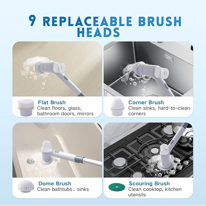 Electric Spin Scrubber,Spray with Foam Cordless Cleaning Brush, 2-Speed Shower Scrubber, Shower Cleaning Brush with 8 Replaceable Brush Heads, Adjustable Removable Handle for Bathroom, Kitchen-White