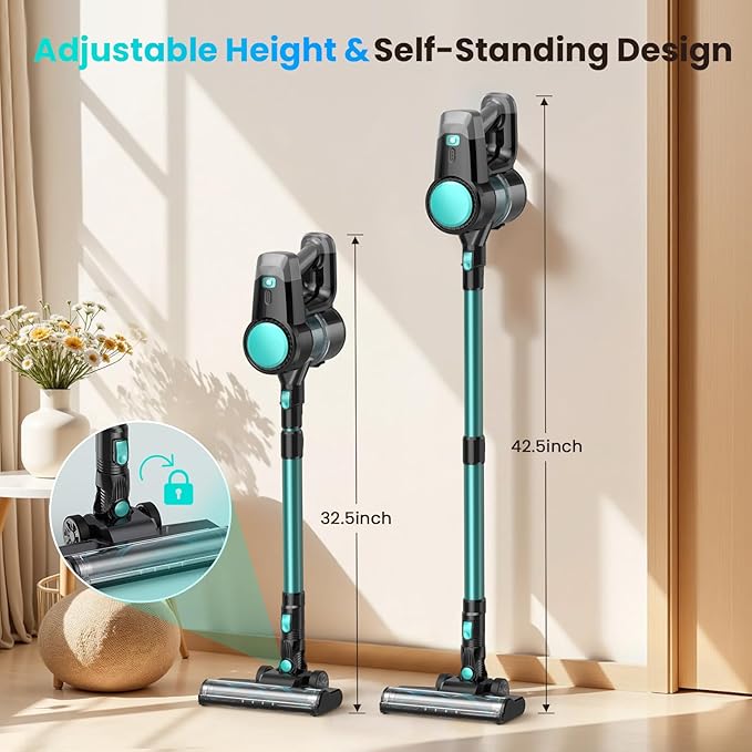 N3T Cordless Vacuum Cleaner,Wireless Stick Vacuum with 40mins Runtime,Self-Standing,Anti-Tangle Brush,Rechargeable Lightweight Vacuum Cleaner for Home,Hardwood Floor,Pet Hair, Carpet-Green