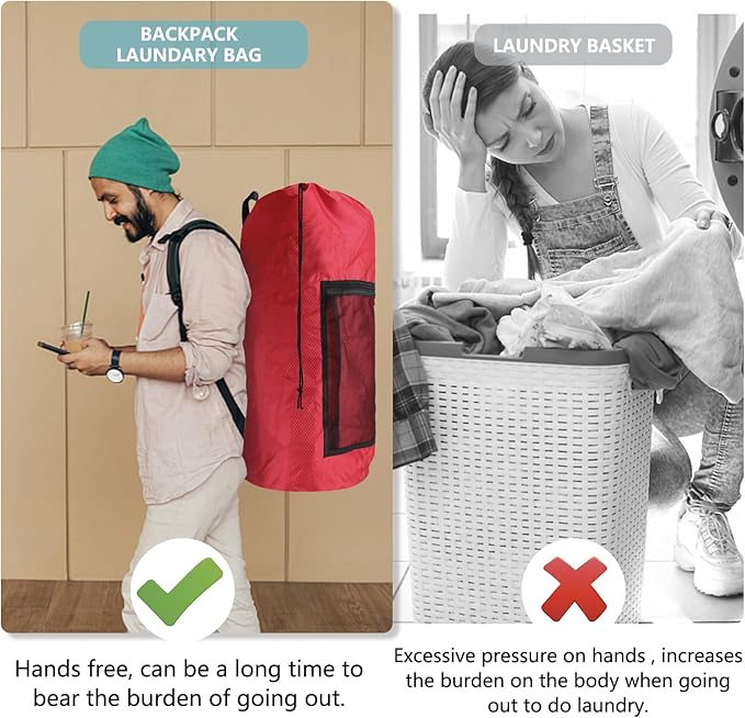 Portable Laundry Bag Backpack with Adjustable Straps, Drawstring Closure & Mesh Pocket - Perfect for College, Apartments, Camping (Red)