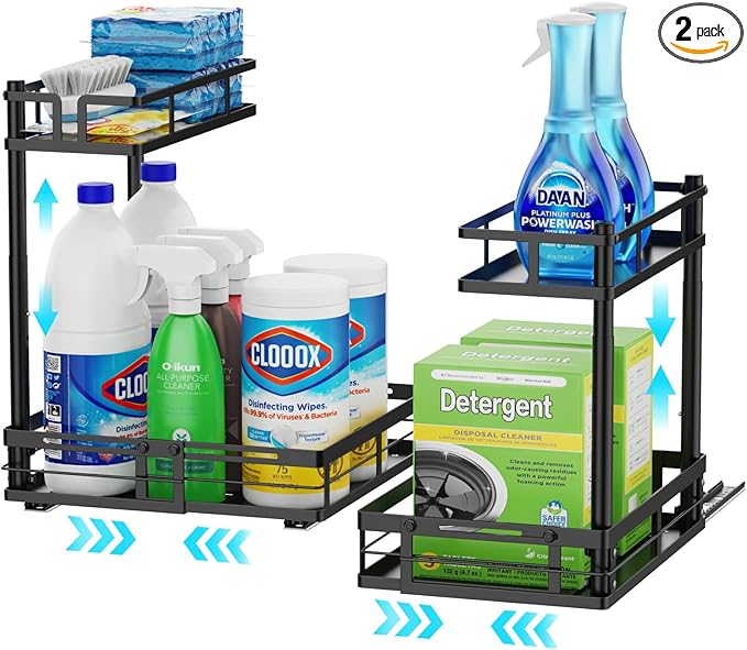 iSPECLE Under Kitchen Sink Organizer - 2 Pack Under Sink Pull Out Organizer Expandable Width Add More Space, Adjustable Height Easy Get Items, No Drilling Required Kitchen Under Sink Organizer