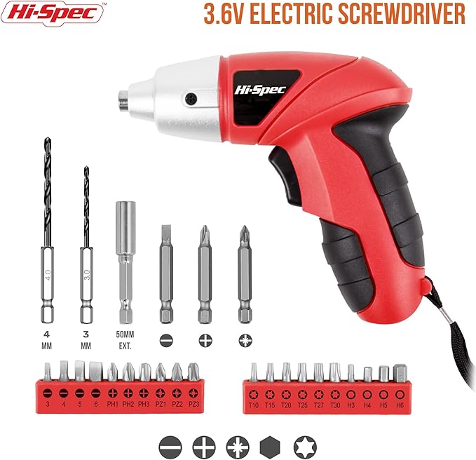 Hi-Spec Small Electric Screwdriver, Mini Drill Set, Rechargeable 3.6V Cordless Screwdriver with 26 Driver Bits, Power Tool for Small Projects & Home Use, Red