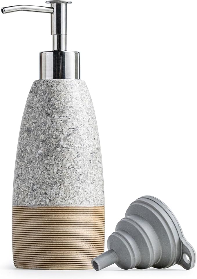 Ceramic Soap Dispenser with 2 Pumps, 12 oz Refillable Liquid Hand Soap Dispenser for Shampoo, Bathroom & Kitchen, Includes Silicone Funnel, Plastic and Stainless Steel Pump, Granite Grey