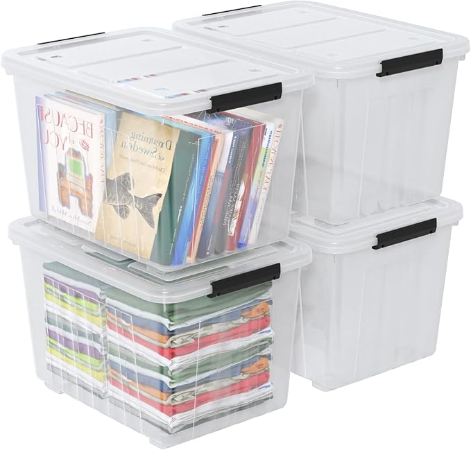 Farmoon 70 Quart Clear Storage Bin with Wheels, Large Plastic Lidded Container Box, 4 Packs