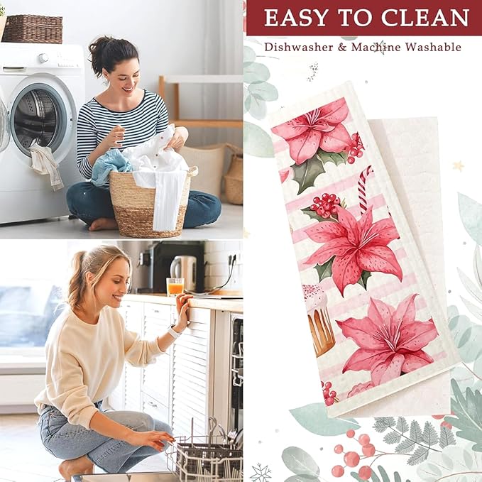 6 Pack Swedish Dishcloths for Kitchen |Watercolor Dish Towels | Reusable Paper Towels Washable | Non-Scratch Cellulose Sponge Cloths | No Odor, Biodegradable, Swedish Cloths, Pink Flower