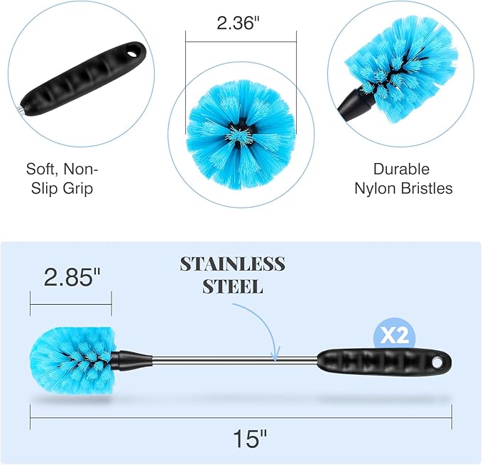 3-in-1 Stainless Steel Bottle Cleaning Brush Set - Long Handle for Narrow Neck, Sport, Baby, Flask, Straw, Tumbler, Cup