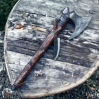 [Viking Cutlery] 27'' Viking Ragnar Axe with Free Odin Forged Knife – Gift Set | Authentic Ragnar Lothbrok Axe – Handcrafted Viking Axe for Camping with Leather Sheath | Ideal Gift for Men