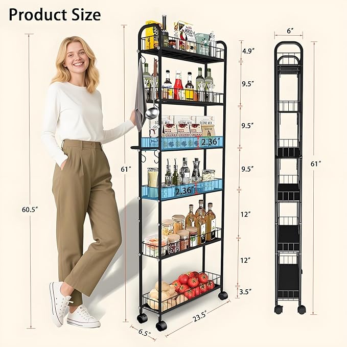 Slim Rolling Cart,6-Tier Storage Cart with Handle, 6in Mobile Shelving Unit with Wheels, Metal Wire Storage Rack with Baskets for Kitchen Bathroom Office Laundry Narrow Piaces