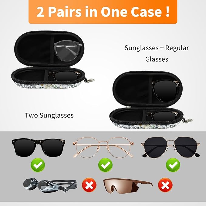 Double Eyeglasses Case, Hard Shell Dual Sunglasses Organizer with Zipper Clip Travel Glasses Storage for Women Men