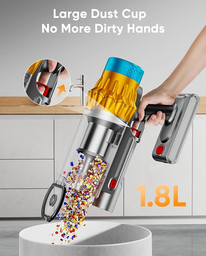 Cordless Vacuum Cleaner, 600W/50KPA, Max 70 Mins Runtime, Self-Standing Vacuum Cleaners for Home, Anti-Tangle Stick Vacuum, Smart Display Vacuum Cordless with 1.8L Cup for Pet Hair/Carpet (Gold)