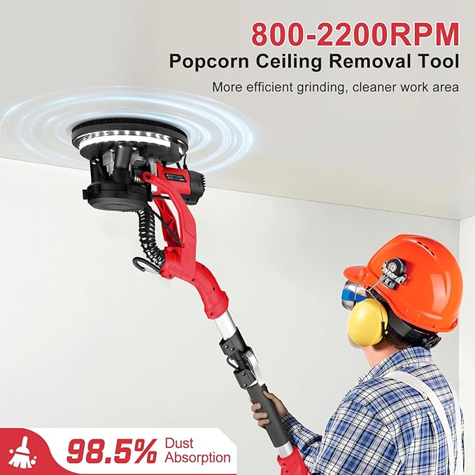 Drywall Sander, 1000W Popcorn Ceiling Removal Tool, Foldable Automatic Drywall Sander with Vacuum Dust Collection, LED Light, 6 Variable Speed 800-2200RPM,15Pcs Sanding Discs (Red）
