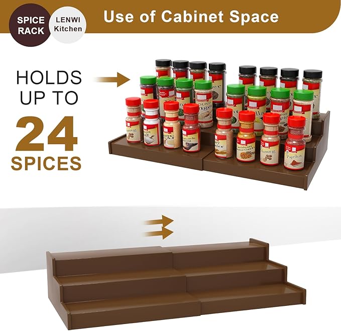 Spice Rack Organizer for Cabinet, 3 Tier Expandable Bamboo Spice Storage, Great for Kitchen Cabinet, Cupboard,Pantry and More(Brown)