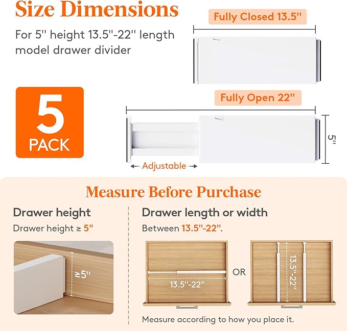 Lifewit 5 Pack 5" High Drawer Dividers 34-56cm/13.5-22" Adjustable Drawer Organizer for Clothes/Utensils, Expandable Drawer Separator in Dresser/Kitchen/Bedroom/Office Organization & Storage White