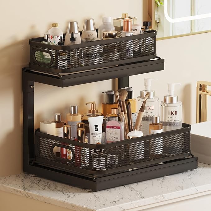 2-Pack Under Sink Storage Organizer with 2-Tier Slide Out Drawer, Sophisticated Mesh Pull Out Shelf for Kitchen & Bathroom, Fits Small Items, Upgraded Arched Track for Smooth Gliding-Black