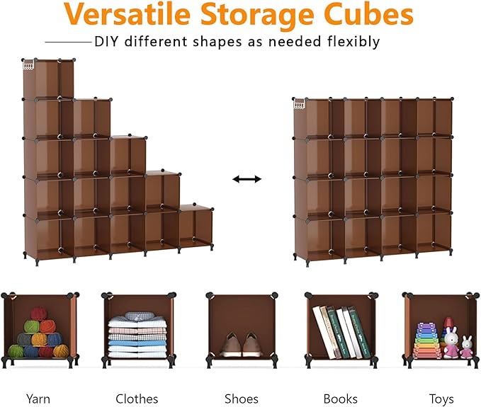 AWTATOS Cube Storage Organizer, Storage Cubes Shelves Bookshelf, 16 Cube Closet Organizers and Storage, DIY Stackable Plastic Clothes Organizer Shelving for Bedroom, Home Office, Cocoa Brown
