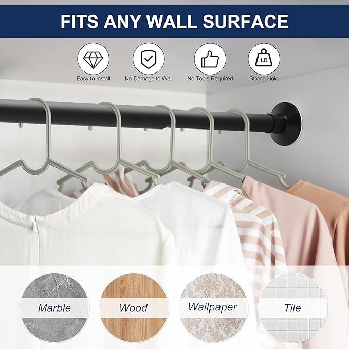 No Drilling Closet Rod, 27.5-74 Inches Hanging Closet Rod for Clothes, Closet Bar & Pole Heavy-duty, Closet Rods for Hanging Clothes For Closet Wardrobes Bathroom Laundry RV Curtains,Black