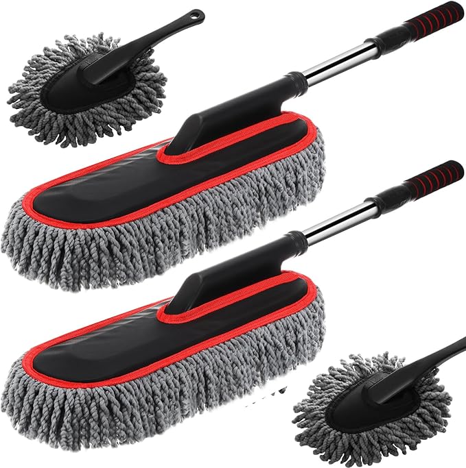 Tanlade 4 Pack Microfiber Car Duster Exterior Scratch Free with Extendable Handle Auto Duster Exterior Cleaning Dust Tools for Car Brush for Cars Truck Bike RV Boats Motorcycle (Gray with Red Edge)