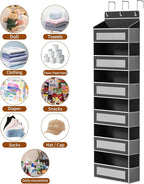 Over The Door Organizer with 6 Large Pockets, Over the Door Storage 12 Side Pockets, Hanging Door Organzier 44 lb Load Behind Door Storage Hanging Shelf for Closet Wall Bathroom Nursery, 6-Tier Black