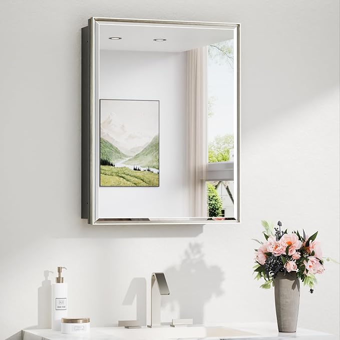 TokeShimi 20 x 26 Recessed Medicine Cabinet with Mirror, Brushed Nickel Bathroom Medicine Cabinet with Mirror Wall Mounted, Stepless Adjustable Shelves