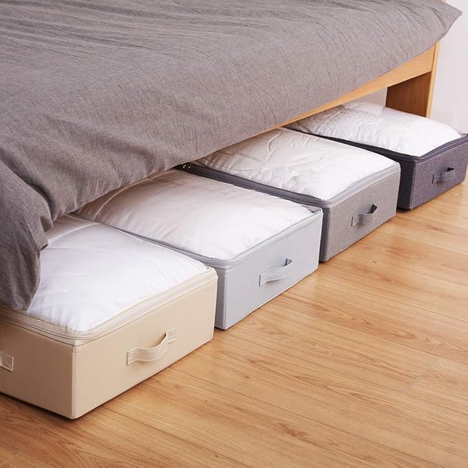 Pack of 2, Visible Lid Underbed Clothes Storage Bins for Shoes, Blankets, Sheets Organizer, 6" Height 7" Tall Under the Bed Storage Containers, Beige