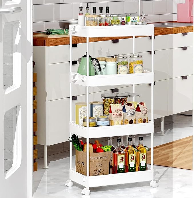 SPACEKEEPER Storage Cart, 4-Tier Mobile Shelving Unit, Bathroom Rolling Cart Utility Storage Organizer Shelf for Kitchen Living Room Bathroom Laundry Room & Dressers, White