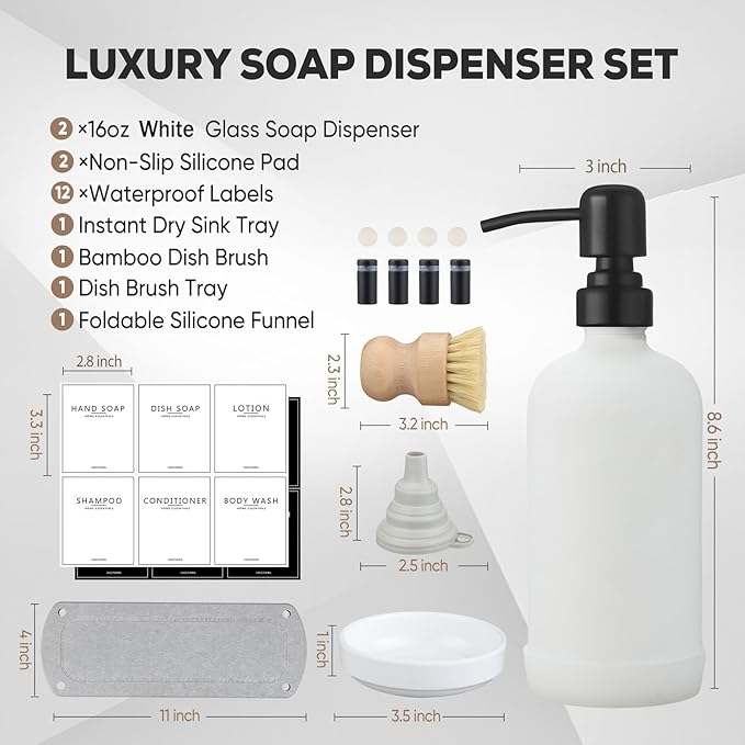 Kitchen Soap Dispenser Set with Instant Dry Tray,16 Oz Hand and Dish Soap White Glass Dispenser Set,Stainless Steel Pump,Waterproof Labels,Dish Brush,Luxury Soap Bottle for Kitchen,Bathroom