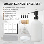 Kitchen Soap Dispenser Set with Instant Dry Tray,16 Oz Hand and Dish Soap White Glass Dispenser Set,Stainless Steel Pump,Waterproof Labels,Dish Brush,Luxury Soap Bottle for Kitchen,Bathroom