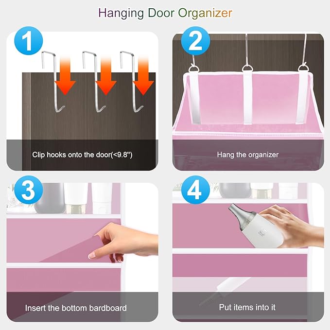 Over the Door Organizer Closet,5 Bins 10 Side Pockets,Hanging Door Organizer,Anti Tilt 44 lbs Load Organizers and Storage with Clear Window for Bedroom,Nursery,Rv,Bathroom,Camper(Pink)