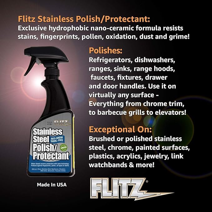 Flitz Stainless Steel Polish Protectant - 16oz Bottle, USA-Made Ceramic Coating for Stainless Steel Appliances, Repels Fingerprints & Water Spots - Aluminum & Chrome Polish & Protectant (6 Pack)