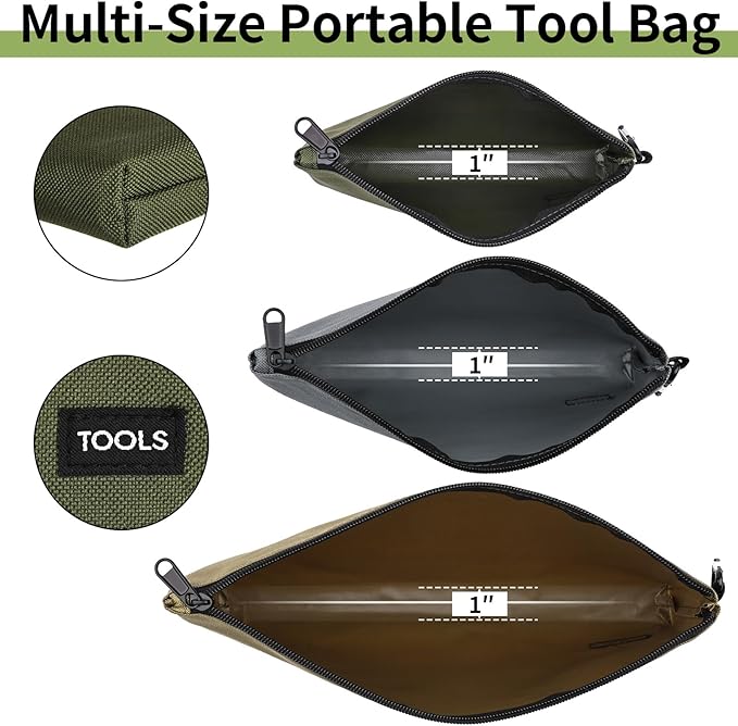 6 Pack Zipper Pouch, Premium Tool Bag, Utility Flat Bottom Storage Organizer With Carabiner Metal Zipper for Tools, Stationary, Pencil