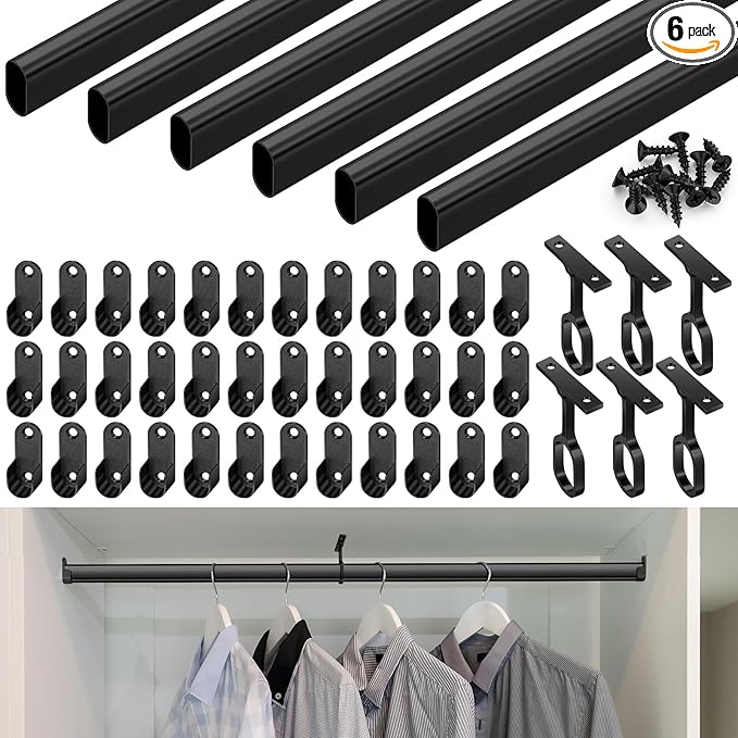 Tandefio Chrome Closet Rod 92 Inch with Oval Closet Rod 6 End Supports for Laundry Room Hanging Clothes Waterproof Shower for Curtains(Black)
