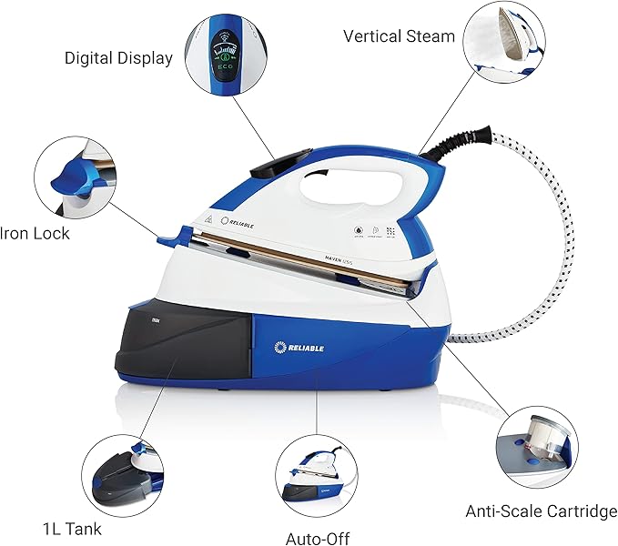 1500W Ironing Station with Ceramic Soleplate, Iron Lock for Easy Carry, 1 Ltr Removable Water Tank and Auto Shut-Off, Digital Display, Continuous Home Steam Iron