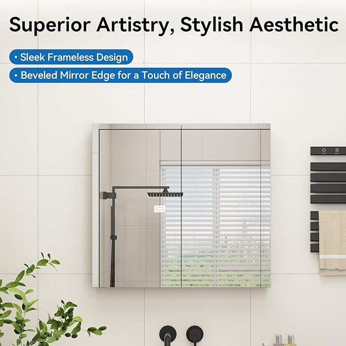 Sunrosa Aluminum Bathroom Medicine Cabinet with Mirror, 36"27.5", Wall-mountable and Recessed-in, 2 Doors Cabinet Organizer