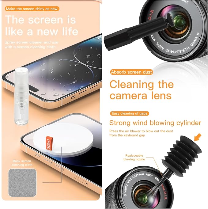 20-in-1 Laptop Phone Screen Earbud Cleaning Kit, Keyboard Cleaner Kit, Keyboard Cleaning Kit with Electronic Cleaning Brush Spray for Airpods Pro, iPad, iPhone Pro, Camera, Computer Cleaning (Black)