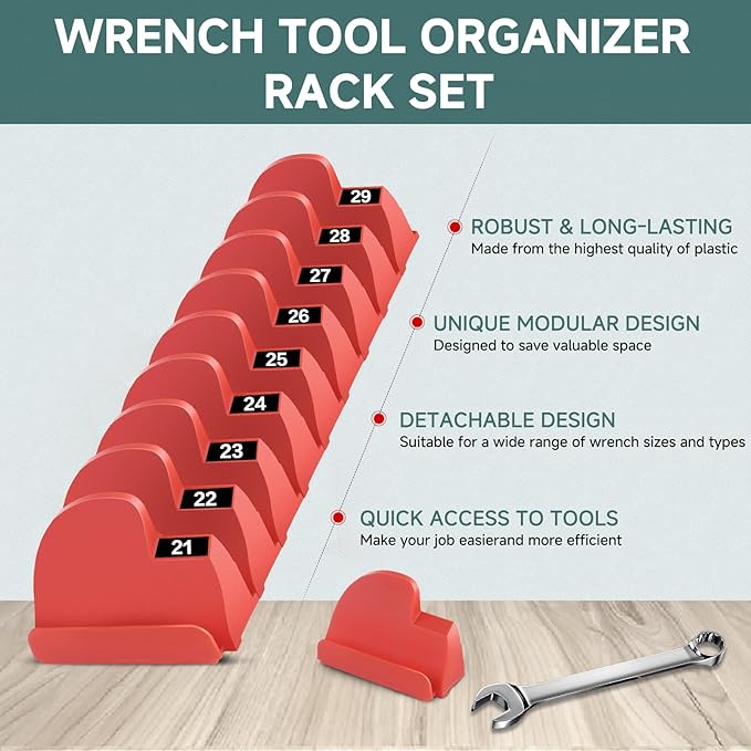48PCS Magnetic Modular Wrench Organizer,Wrench Holders Organizers with Metric & SAE Label for Tool Drawer Storage -Red with Magnets