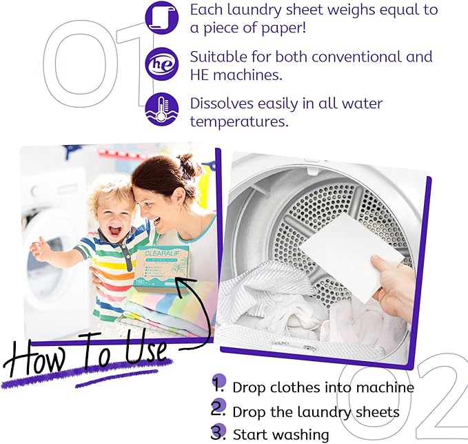 CLEARALIF Laundry Detergent Sheets 120 Sheets (Up to 240 Loads), Lavender - Great For Apartments, Dorms,Eco Friendly