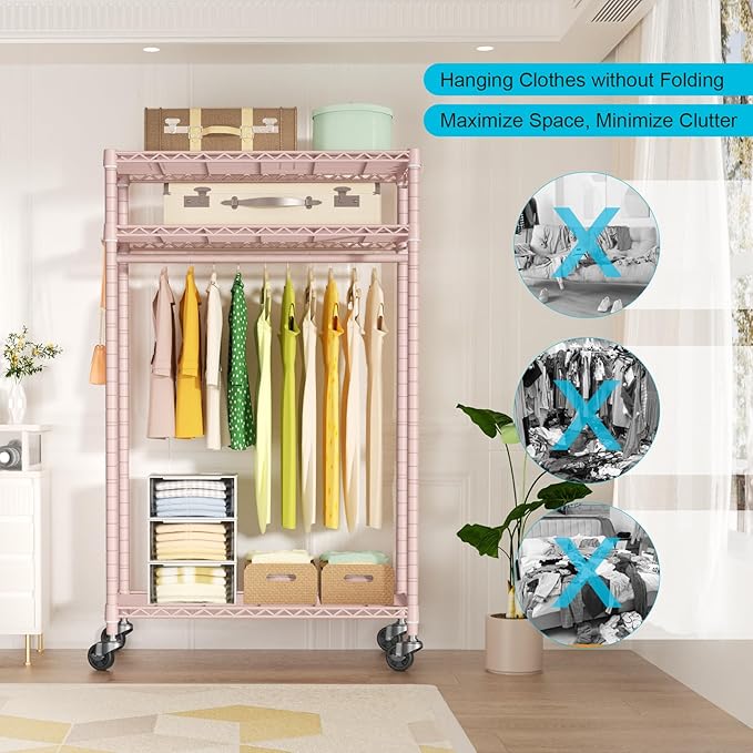 P3 Rolling Clothes Rack, Clothing Racks for Hanging Clothes, Heavy Duty Garment Rack with Wheels, Freestanding Portable Closet Organizer 39.4''W x 14''D x 78.5''H, Max Load 464 LBS, Pink