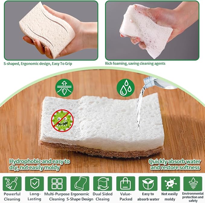 Sponges Kitchen Natural Dish Sponge Plant-Based Biodegradable Compostable Cellulose with Coconut Scrubber Sponge Non Scratch Eco Friendly Kitchen sponges for Kitchen Dishes（Pack of 6）