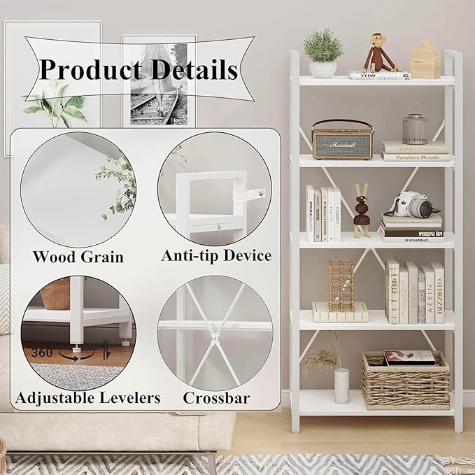 FATORRI 5 Tier Bookshelf, Metal and Wood Bookcase, Etagere Book Shelf for Display, Modern Shelving Unit Tall Book case for Home Office, Living Room (White Oak)