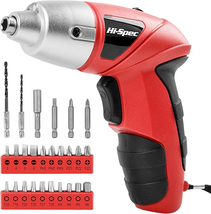 Hi-Spec Small Electric Screwdriver, Mini Drill Set, Rechargeable 3.6V Cordless Screwdriver with 26 Driver Bits, Power Tool for Small Projects & Home Use, Red