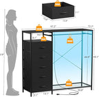 47 Inch Black Dresser with LED Lights & Hanging Rack, 5 Drawer Fabric Dresser with Charging Station and Shelves, Tall Closet Organizer for Bedroom Clothes Storage