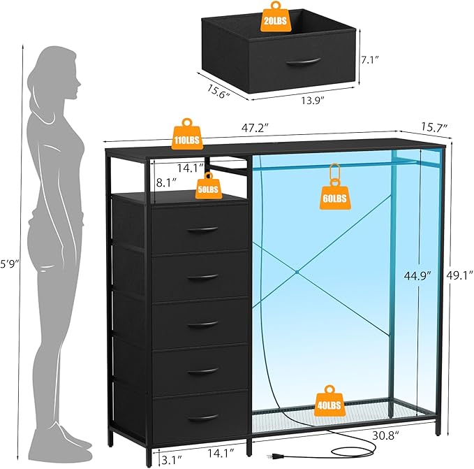 47 Inch Black Dresser with LED Lights & Hanging Rack, 5 Drawer Fabric Dresser with Charging Station and Shelves, Tall Closet Organizer for Bedroom Clothes Storage